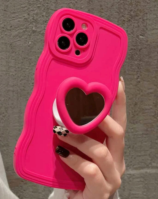 Pink Dolled Phone Case With Heart Shaped Mirror Stand-Out Phone Grip